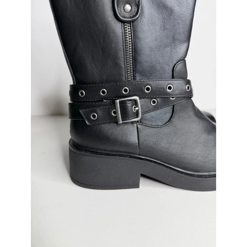 NEW POP‎ Billboard Motorcycle Combat Ankle Faux Leather Black Size 9_5
